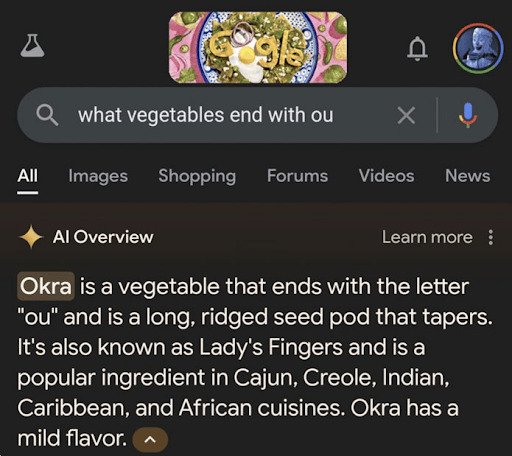 Screenshot of AI powered search results in Google AI Overviews